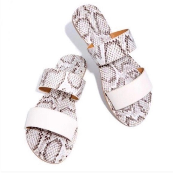 Shoes - Double strap off white and snake print sandals